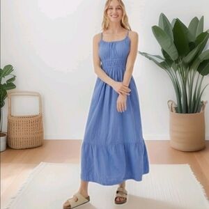 Pact Coastal Double Gauze Organic Cotton Cami Maxi Dress Blue Pockets Size M